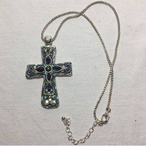 Large Blue and Green Cross Necklace EUC